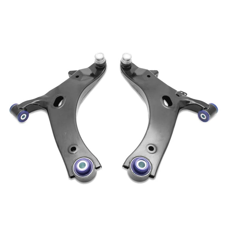 SuperPro TRC1038 front lower control arm set with pre-installed bushings and ball joints.