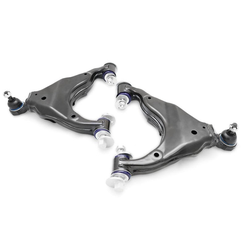 SuperPro TRC484 front lower control arm kit with offset adjustable bushings, ball joints, and replacement camber bolts.