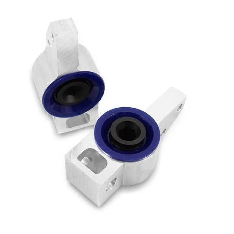 SuperPro polyurethane control arm bushings pre-installed in silver metal mounting brackets for Volkswagen and Audi