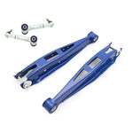 SuperPro rear lower control arm and adjustable toe arm set with blue polyurethane bushings and hardware.