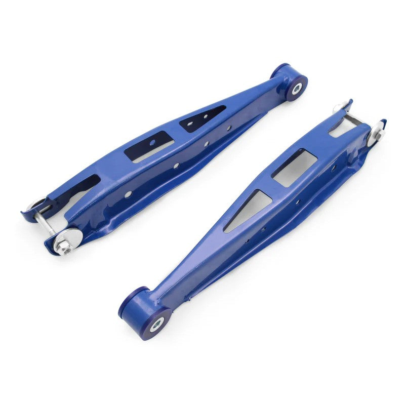 SuperPro TRC0011 rear lower camber adjustable control arm set with eccentric washers and mounting hardware.