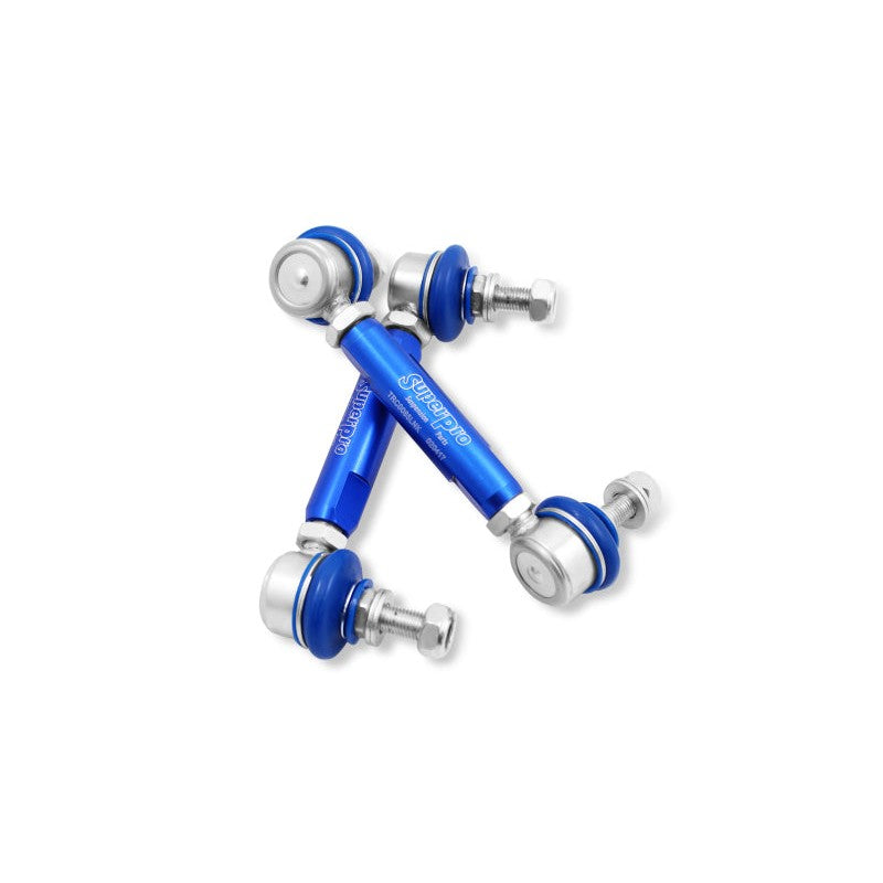 SuperPro TRC1085 heavy-duty adjustable rear sway bar end link set with 10mm studs and 6060-T5 alloy bodies.