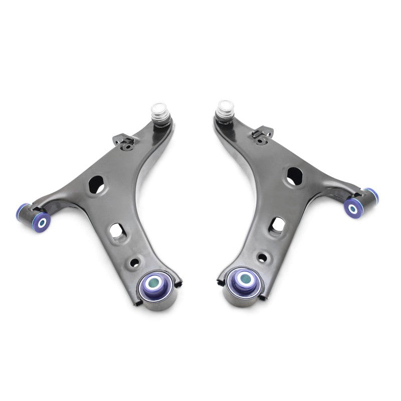 SuperPro front lower control arm set with pre-installed bushings and ball joints for 2014-2018 Subaru Forester.