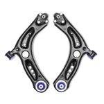 SuperPro front lower control arm set with pre-installed blue polyurethane bushings and integrated ball joints.