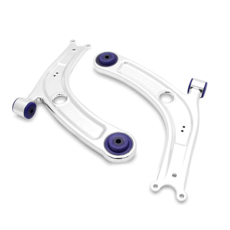 SuperPro ALOY0018K front lower forged alloy control arm kit with pre-installed DuroBall bushings for MQB platform vehicles.