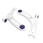 SuperPro ALOY0018K front lower forged alloy control arm kit with pre-installed DuroBall bushings for MQB platform vehicles.