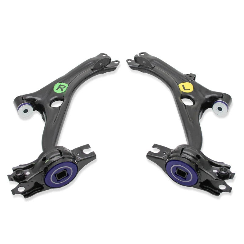 A pair of SuperPro TRC1030 front lower control arms with pre-installed bushings for 2016-2021 Honda Civic models.