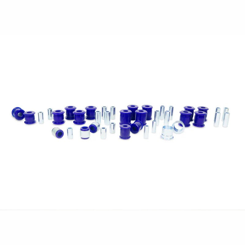 SuperPro KIT252K Vehicle Master Bushing Kit featuring blue polyurethane bushings and steel sleeves for Jeep Wrangler JL.
