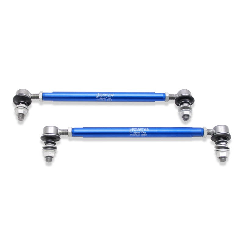 SuperPro TRC12245 heavy-duty adjustable front sway bar end links with 12mm ball joint studs and alloy bodies.