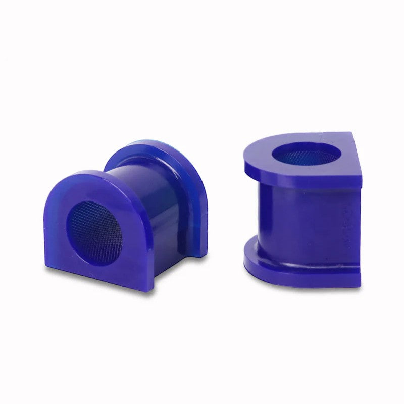 A pair of blue SuperPro polyurethane 25mm sway bar mount bushings for Lexus GX460 and Toyota FJ Cruiser.