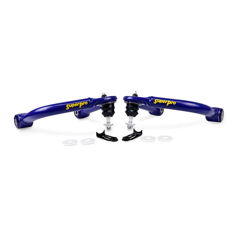 SuperPro TRC6740 fixed offset front upper control arms with blue bushings and high-articulation ball joints.