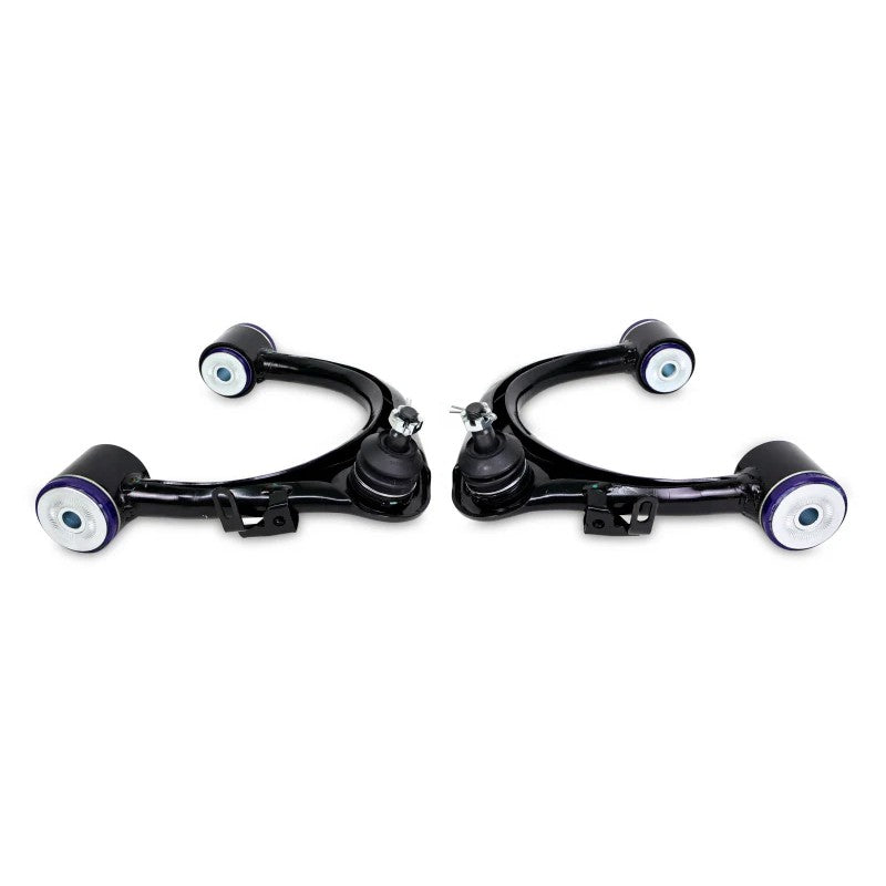 Pair of SuperPro front upper control arms with pre-installed polyurethane bushings and uprated ball joints.