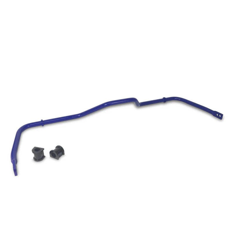 SuperPro Roll Control 24mm adjustable rear sway bar featuring a blue powder-coated finish and multi-position adjustment holes.
