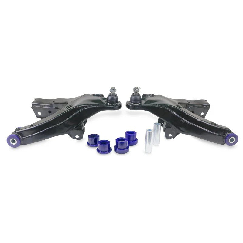 SuperPro TRC460 complete front lower control arm set with purple polyurethane bushings and heavy duty ball joints.