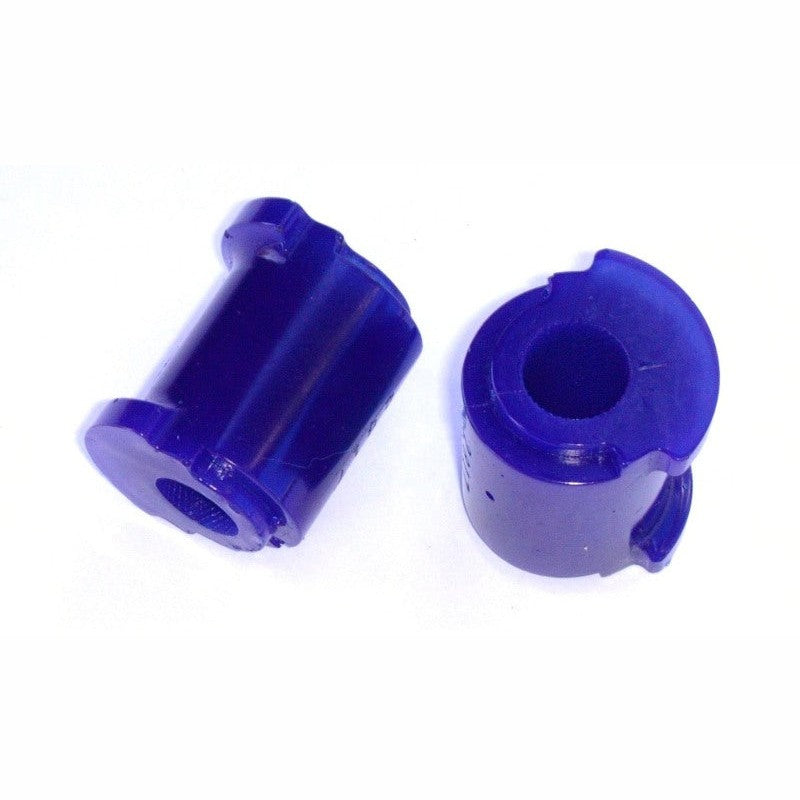 A pair of blue SuperPro SPF2817-17K polyurethane rear sway bar mount bushings for Lexus GS and IS models.