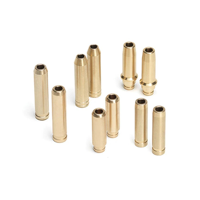 Ten precision-machined Supertech manganese bronze valve guides for Audi intake and exhaust systems.