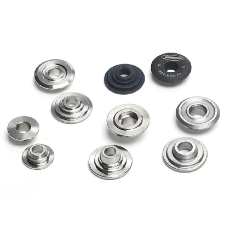 Set of 16 precision-machined Supertech titanium valve spring retainers for H1000 series springs.