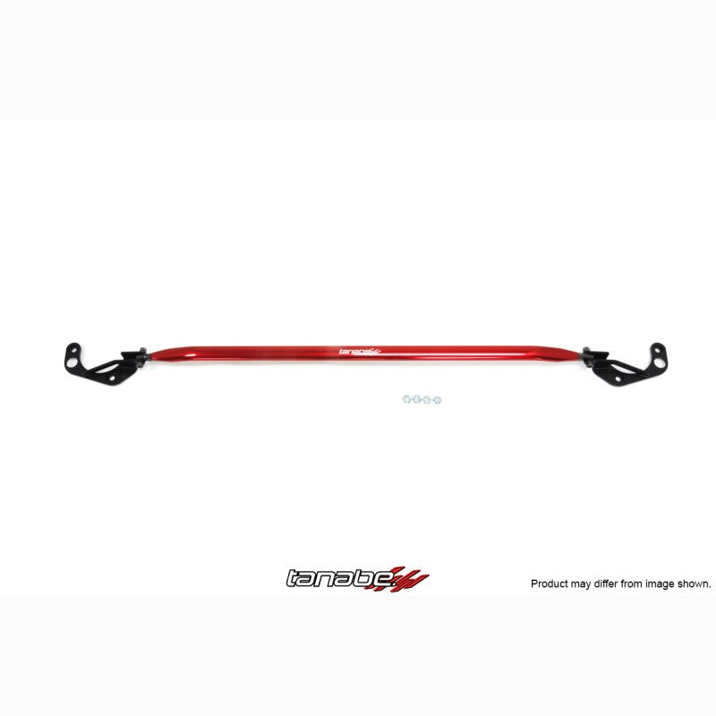 Tanabe front strut tower brace with red end plates and aluminum center bar for Toyota Camry and Lexus 300