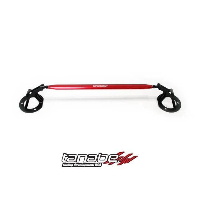 Tanabe Sustec front strut tower bar with red mounting brackets for 1993-1998 Toyota Supra JZA80.