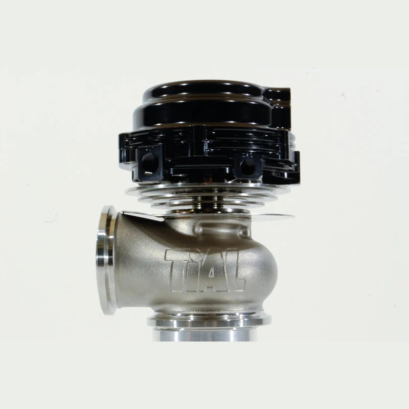 TiAL Sport MVR 44mm external wastegate in black with V-band inlet and outlet clamps.