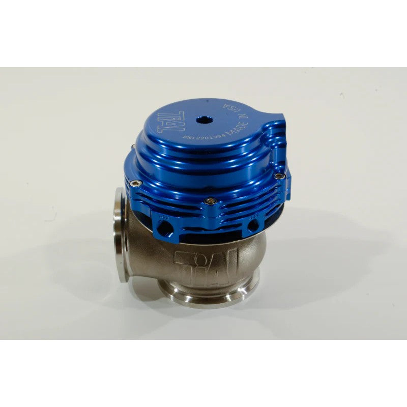 Blue anodized TiAL Sport MVR 44mm external wastegate with stainless steel V-band clamps and full spring set.