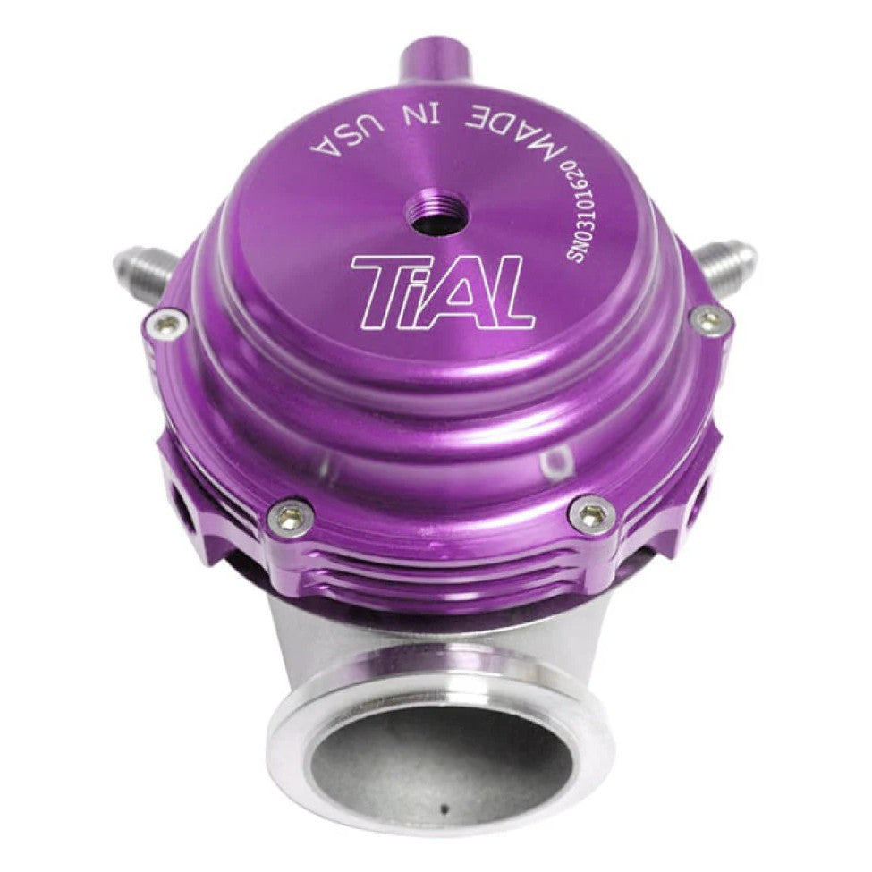 Purple anodized TiAL Sport MVR 44mm external wastegate with stainless steel V-band clamps and hardware.