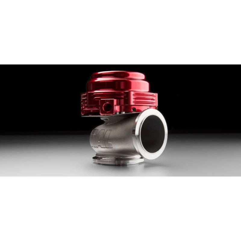 Red anodized TiAL Sport MVR 44mm external wastegate with stainless steel V-band clamps and hardware.