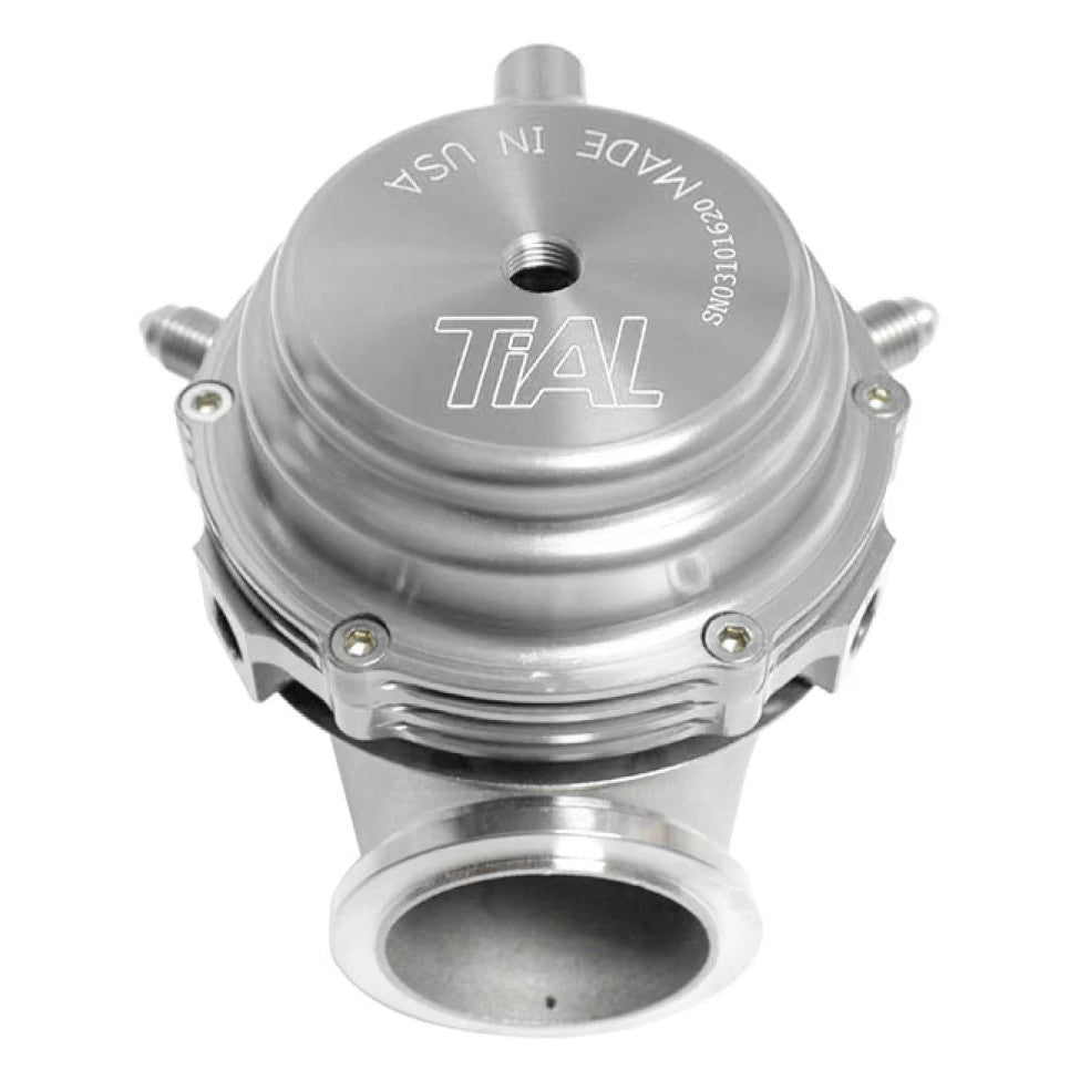 Silver TiAL Sport MVR 44mm external wastegate with stainless steel V-band clamps and included boost springs.