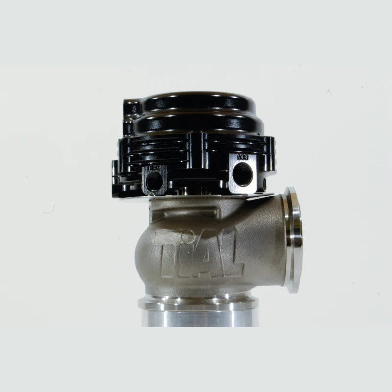 Black anodized TiAL Sport MVS 38mm external wastegate with V-band flanges and installation hardware.