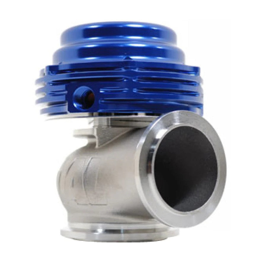 Blue anodized TiAL Sport MVS external wastegate with stainless steel V-band clamps and mounting hardware.
