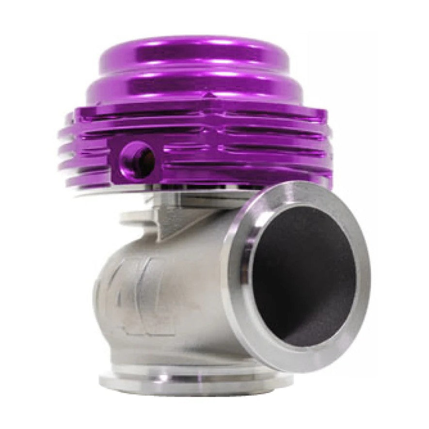 Purple anodized TiAL Sport MVS 38mm external wastegate with stainless steel V-band clamps and flanges.