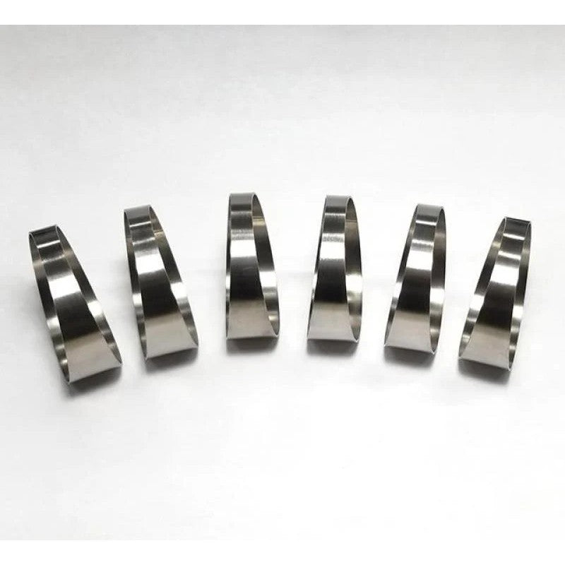 Six 3.0-inch 7.5-degree 1D tight radius titanium pie cut sections for custom exhaust fabrication.