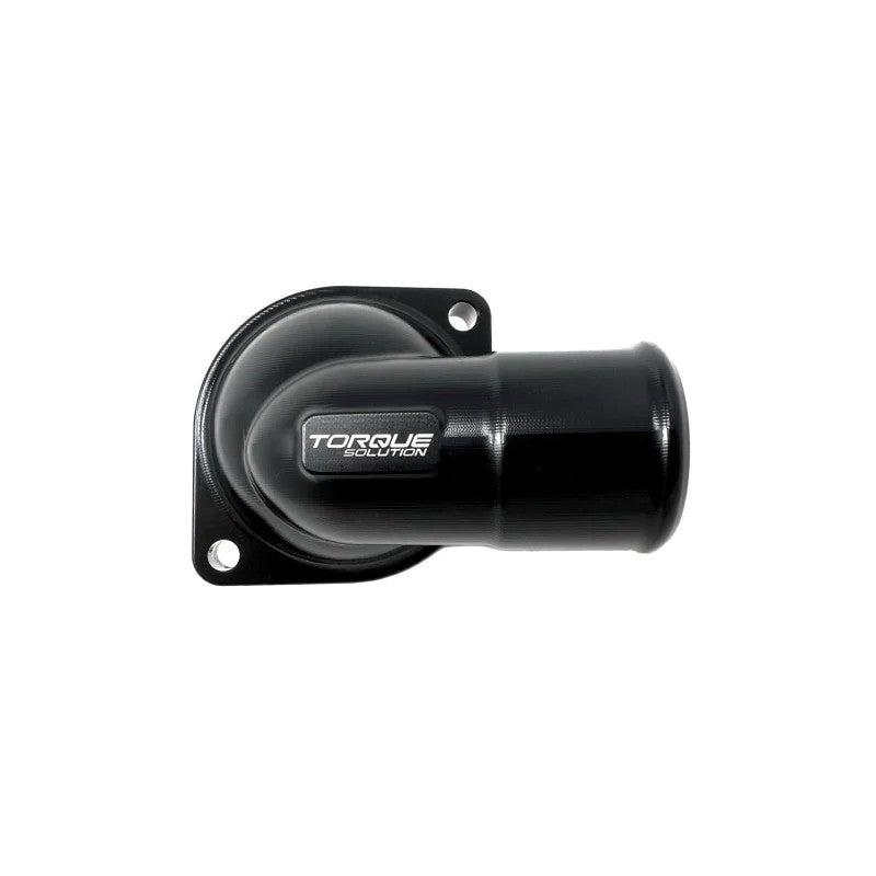 Torque Solution black anodized billet aluminum thermostat housing for EJ-series Subaru WRX and STI engines.