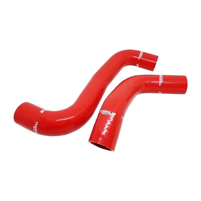 A pair of red multi-layer silicone radiator hoses for Subaru WRX, STI, and Forester XT.