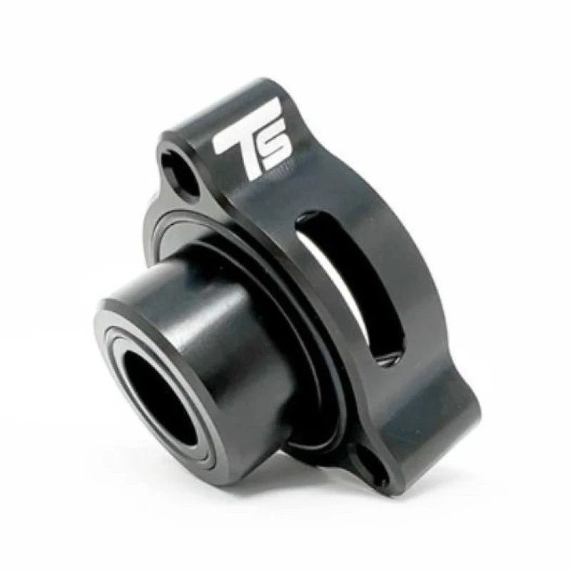 Black anodized CNC-machined billet aluminum blow off valve adapter for 2.7T Chevrolet and Cadillac engines.