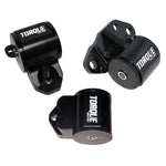 Three-piece CNC machined billet aluminum engine mount kit with 3-bolt timing mount and polyurethane bushings.