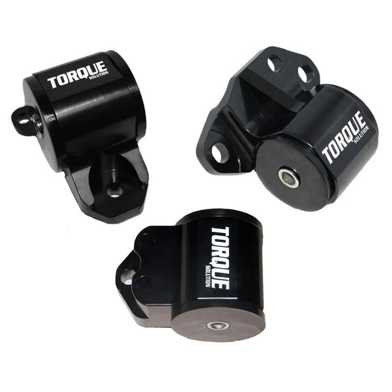 Three-piece CNC machined billet aluminum engine mount kit with 3-bolt timing mount and polyurethane bushings.