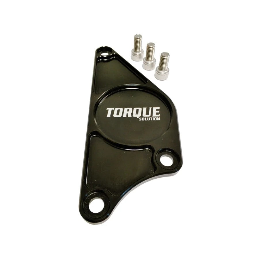 Torque Solution CNC-machined black anodized billet aluminum cam plate for FA20 engine cylinder heads