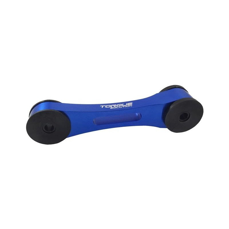 Blue anodized Torque Solution CNC machined billet aluminum pitch stop mount for Subaru drivetrain.
