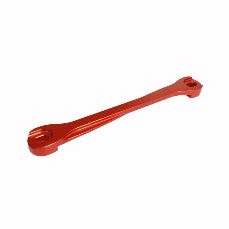Red anodized CNC machined billet aluminum battery tie down for Subaru engine bays.