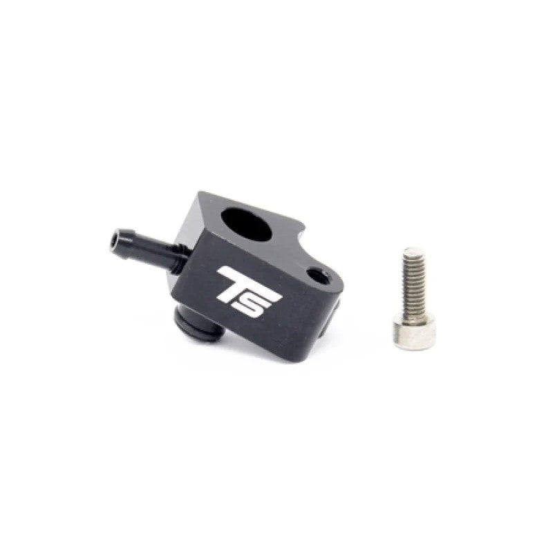 Black anodized billet aluminum boost tap adapter for Ford Focus RS and Mustang EcoBoost engines
