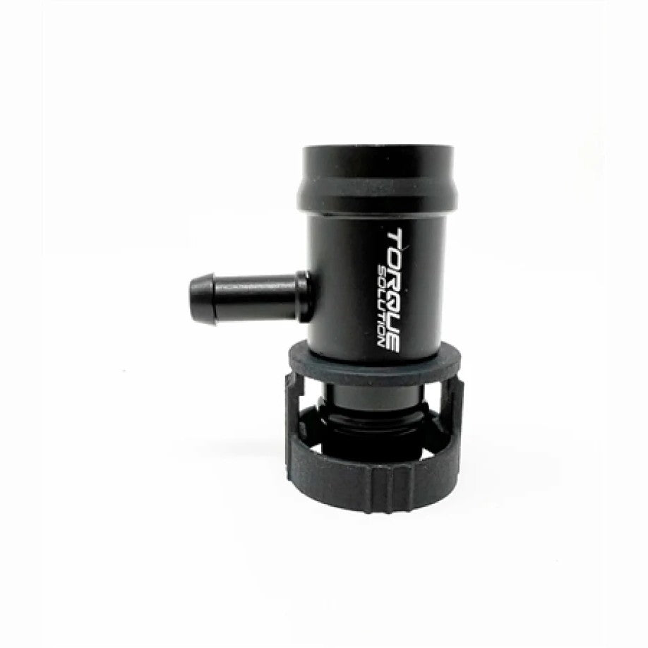 Black anodized billet aluminum boost tap adapter with mounting hardware for Toyota Supra A90 and BMW B48/B58 engines.