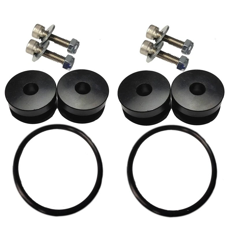 Four black anodized billet aluminum bumper quick release fasteners with O-rings and stainless mounting hardware.