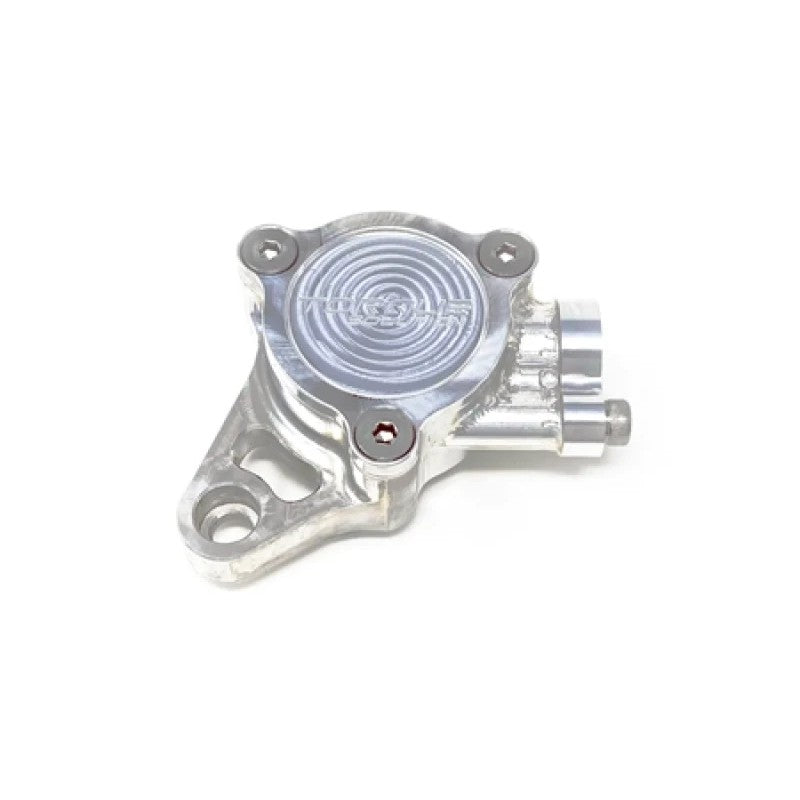 Silver CNC billet aluminum cam sensor housing for Mitsubishi Evolution 4-8 engines.