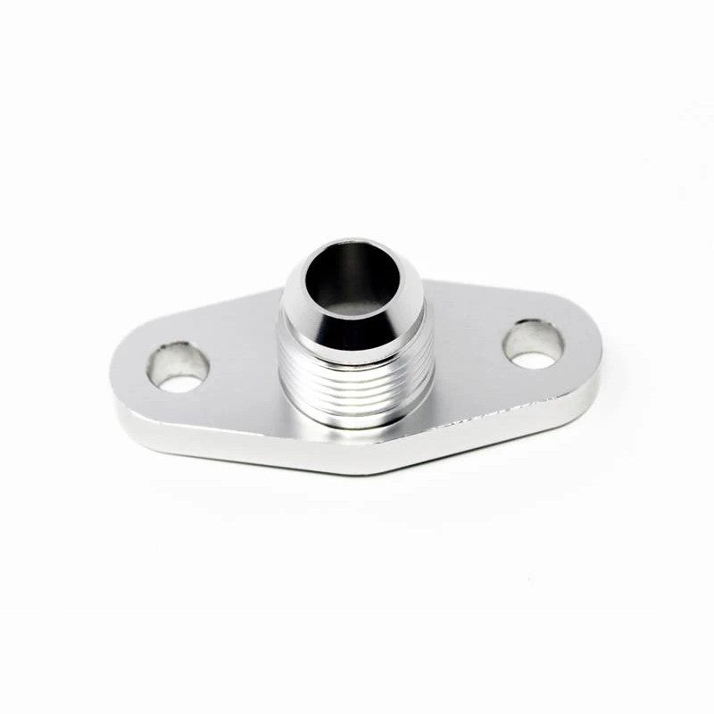 Torque Solution billet aluminum offset turbo oil drain flange with integrated -10AN male flare fitting.