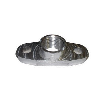 Billet aluminum oil drain flange with integrated -10AN flare for T3/T4 and Precision Turbo applications.
