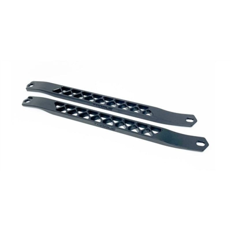 Pair of black anodized billet aluminum strut cross braces for Toyota GR Supra A90 and A91.