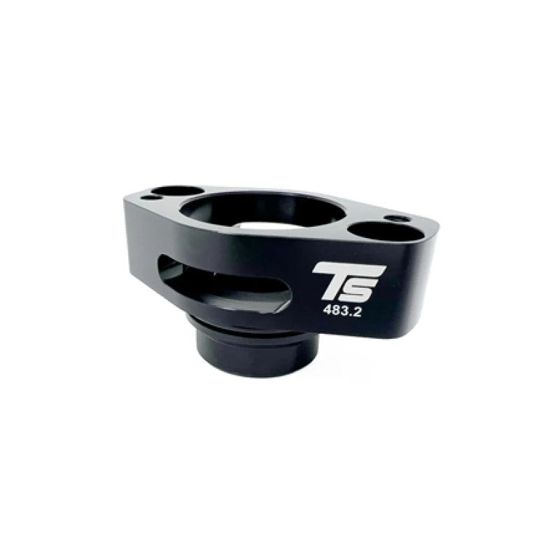 Black anodized billet aluminum Torque Solution blow off valve adapter for 2016+ Ford F-150 EcoBoost.