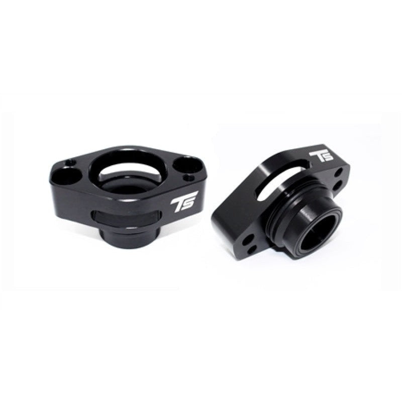 Precision CNC machined black billet aluminum Torque Solution blow off valve adapter for Ford 3.5L turbo engines.