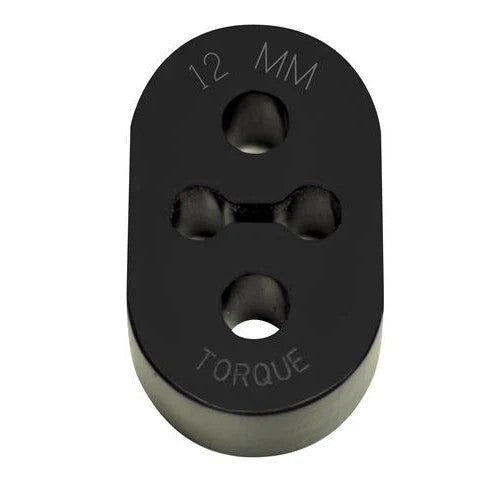 Black high-density polyurethane exhaust hanger mount with 12mm diameter mounting holes.